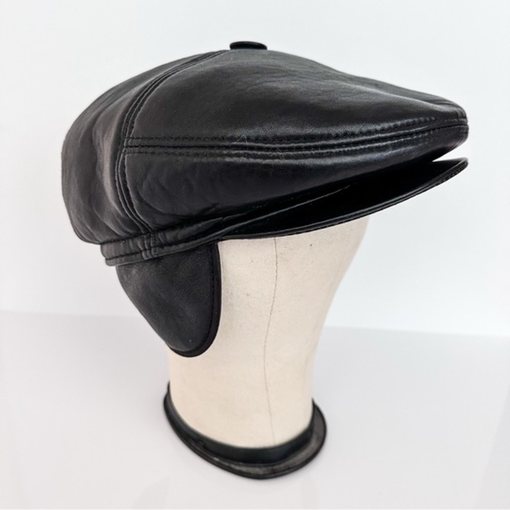 Vintage Men's Black Leather Cap Shearling Lined